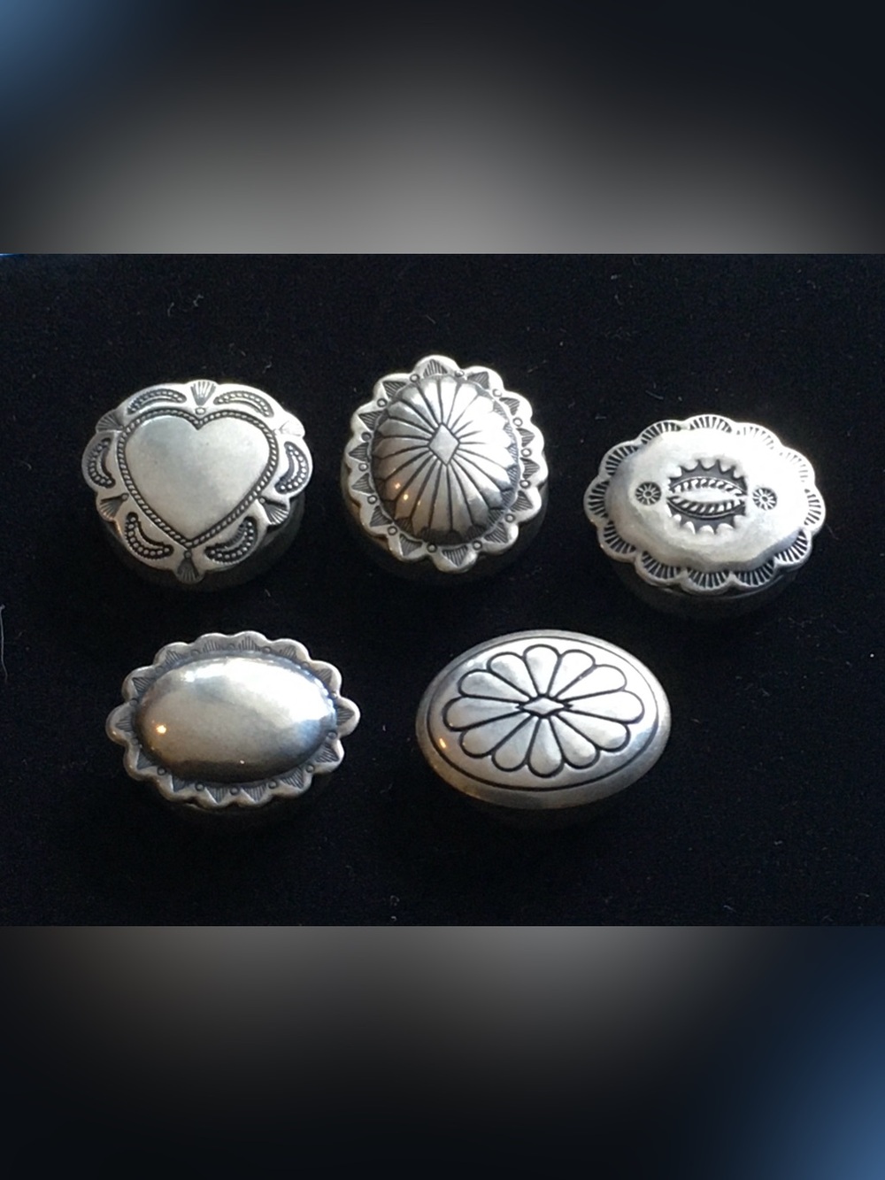 Vintage 90’s Mismatched Floral Stamped Concho Button Covers - Silver Tone Set/5